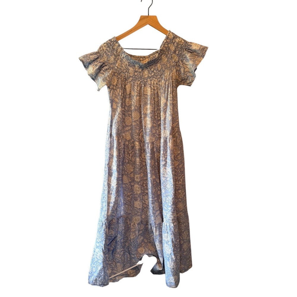 Marea by Liz Joy Blue Floral Block Print Smocked Tiered Cotton Maxi Dress Small